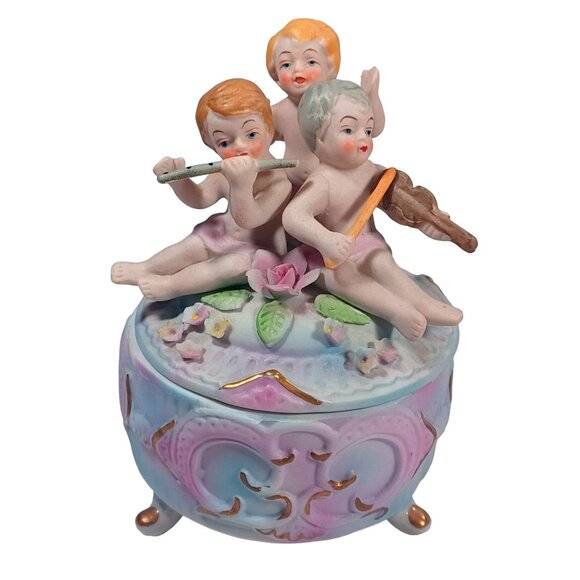 Vintage Norleans Footed Cherub Musi Porcelain Bisque Jewelry Trinket Dresser Box - Picture 3 of 13